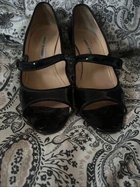 Manolo Blahnik Black Patent Mary Jane Peep-Toe Heels